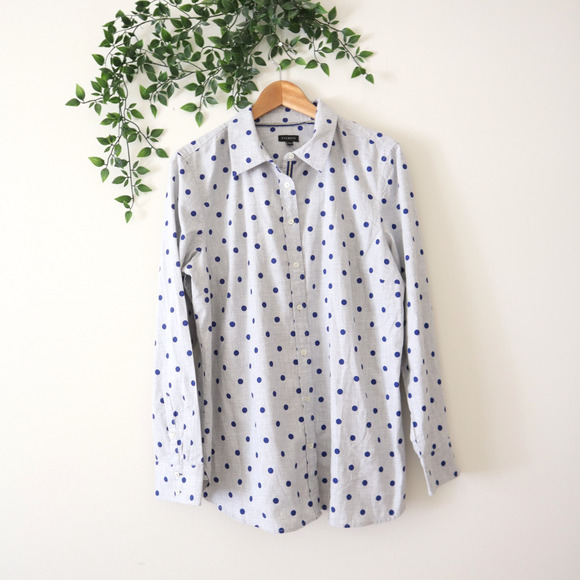 NEW Talbots Gray & Blue Polka Dots Long Sleeve Button Down Top Size Large - Picture 1 of 4